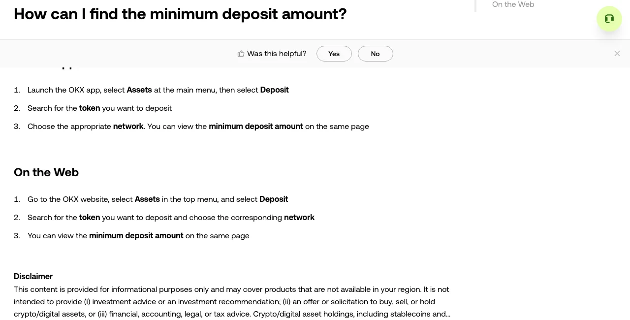 OKX Help Center instructions showing Assets, Deposit, token and network selection in the app, followed by the corresponding web steps