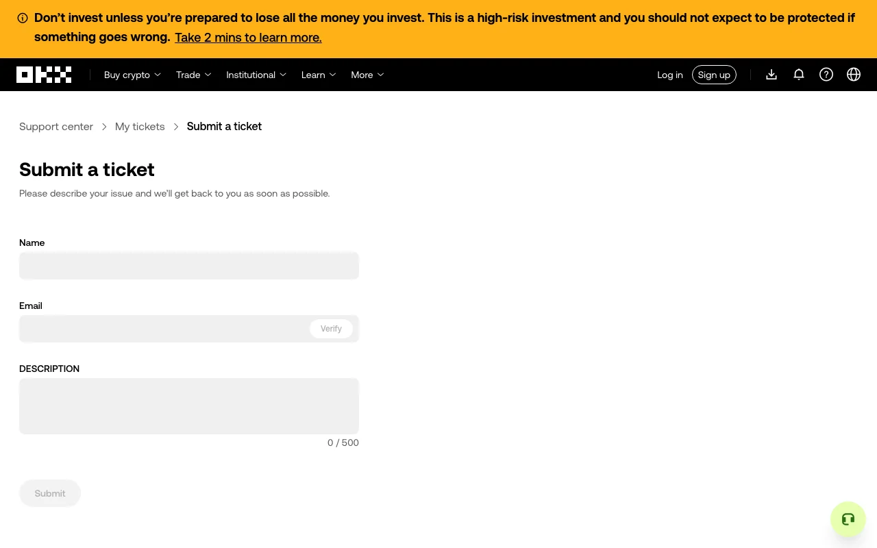 Official OKX Submit a ticket page with empty Name, Email, and Description fields