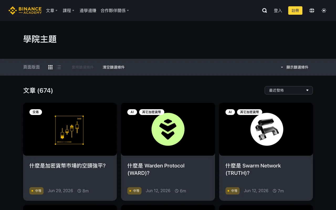Binance Academy 繁體中文文章索引頁,畫面顯示學院主題、文章篩選、674 篇文章及三張文章卡片