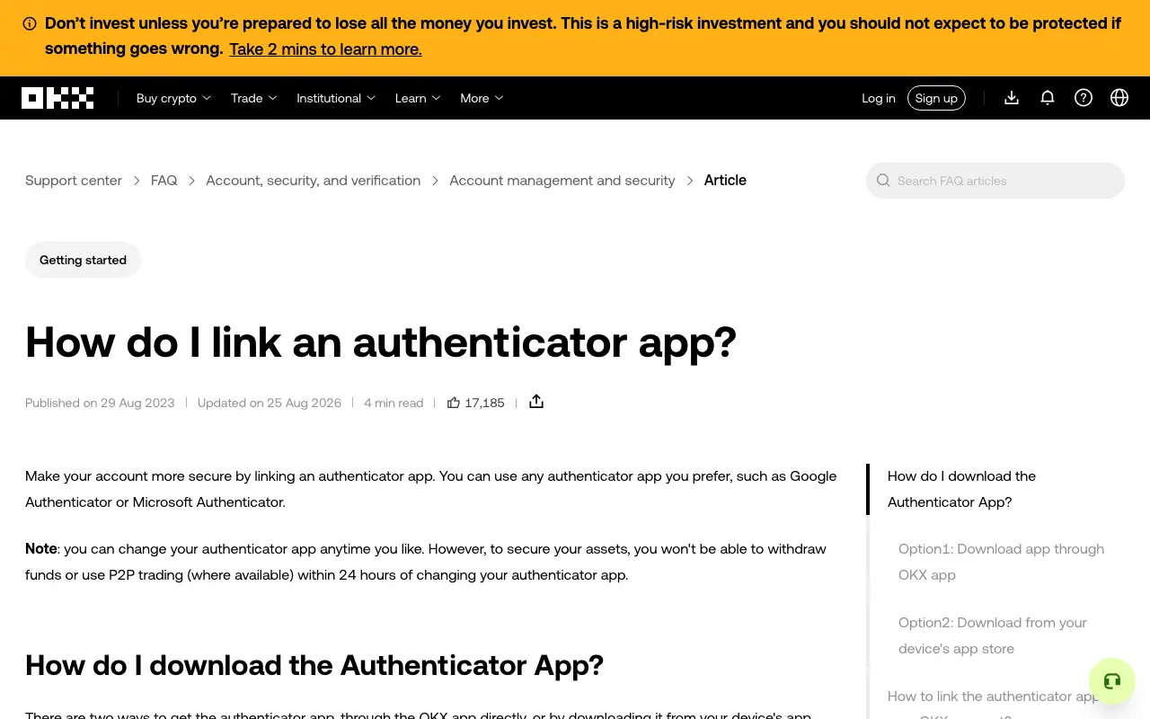 OKX 官方幫助中心「How do I link an authenticator app?」頁面,顯示驗證器 App 說明與變更後 24 小時安全限制