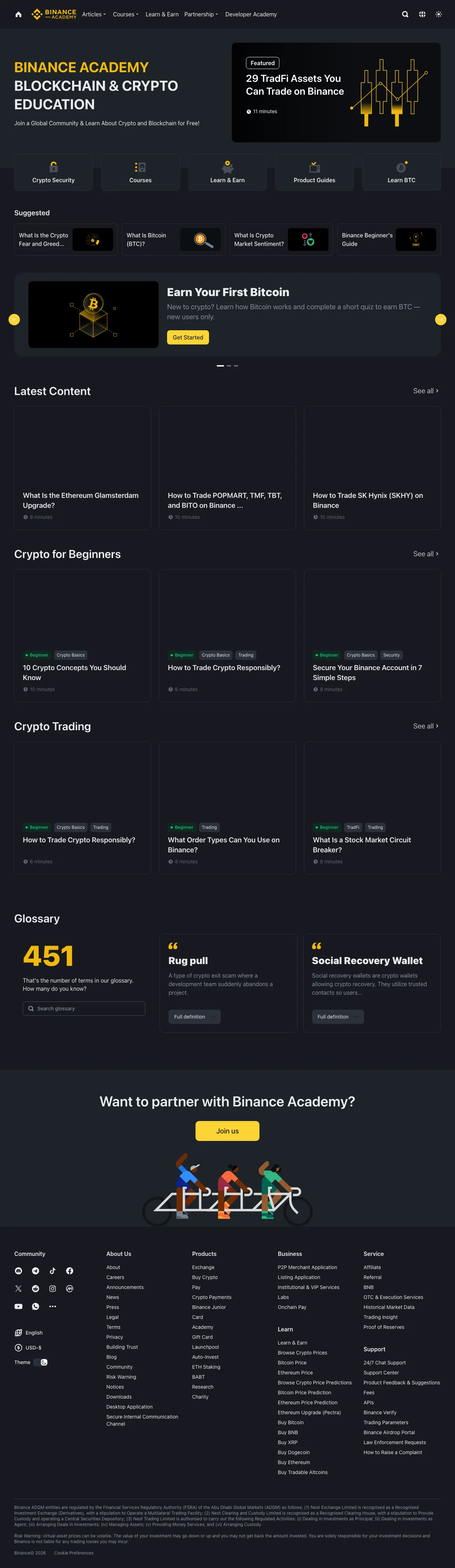 Binance Academy English homepage showing navigation for Articles, Courses, Learn & Earn, Product Guides, beginner sections, and the glossary
