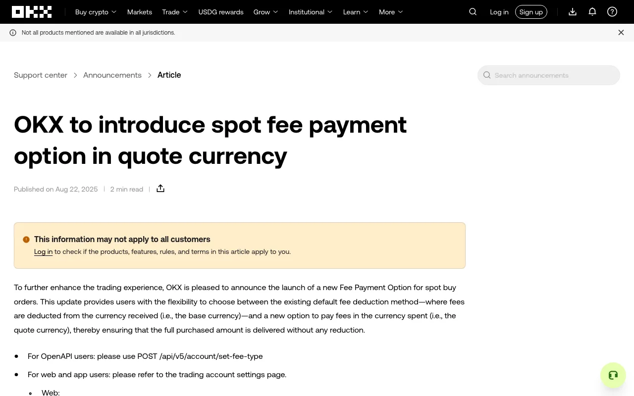 Public OKX announcement headed “OKX to introduce spot fee payment option in quote currency,” with a notice that availability varies by customer