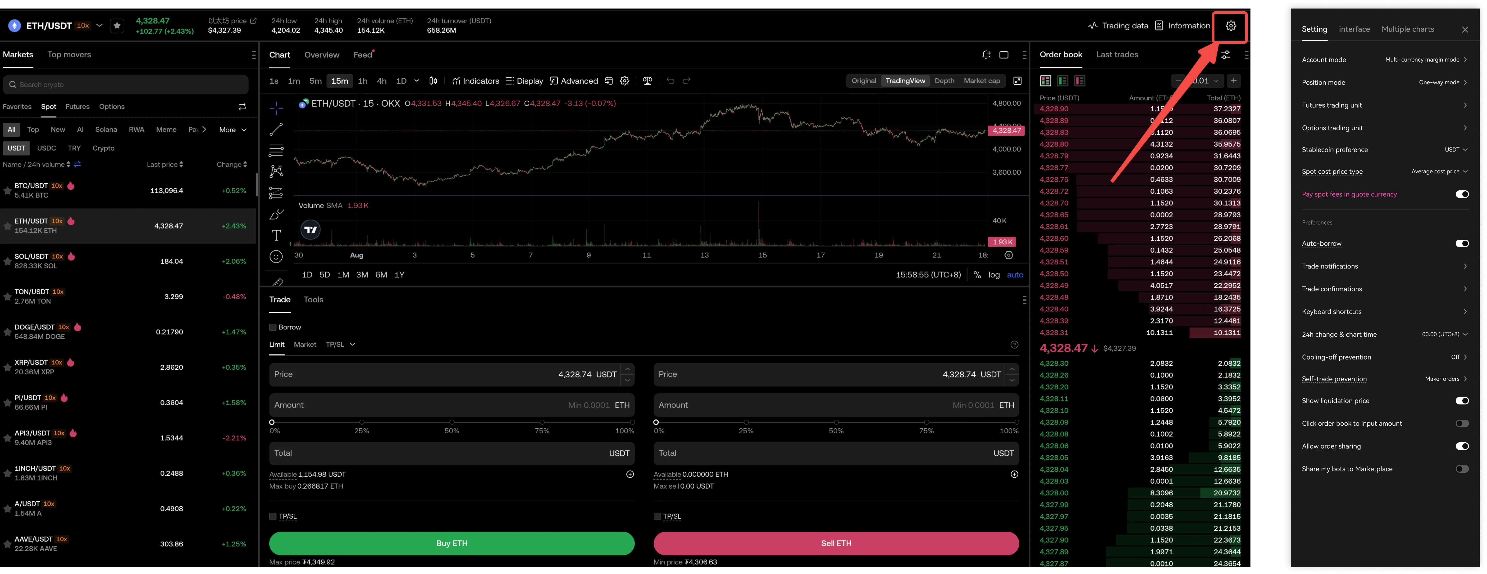 Official OKX example of the web spot-trading screen, with the Settings panel open and “Pay spot fees in quote currency” visible