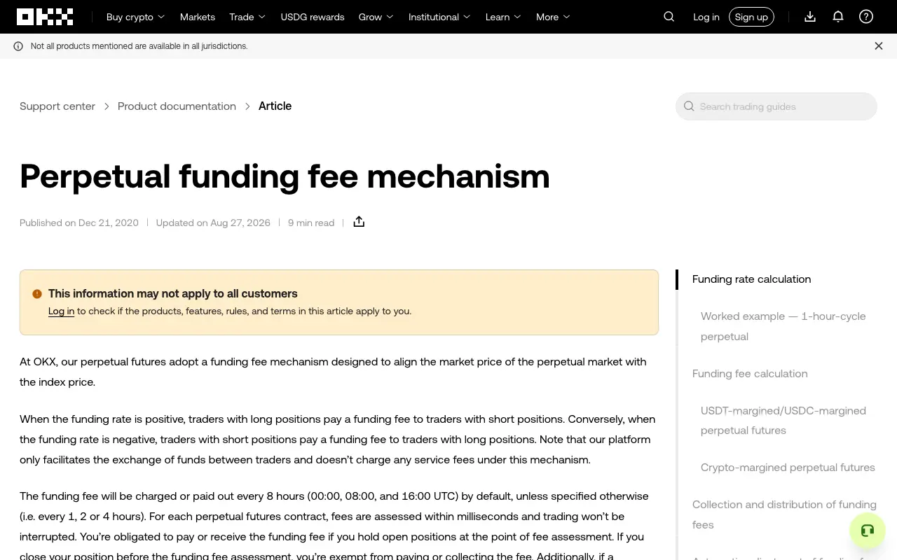 Public OKX Help Center page titled ‘Perpetual funding fee mechanism,’ showing the positive and negative funding direction and the default settlement schedule