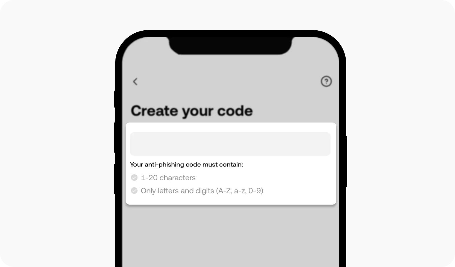 OKX App 的 Create your code 頁面，顯示反釣魚碼需為 1–20 位英文字母或數字